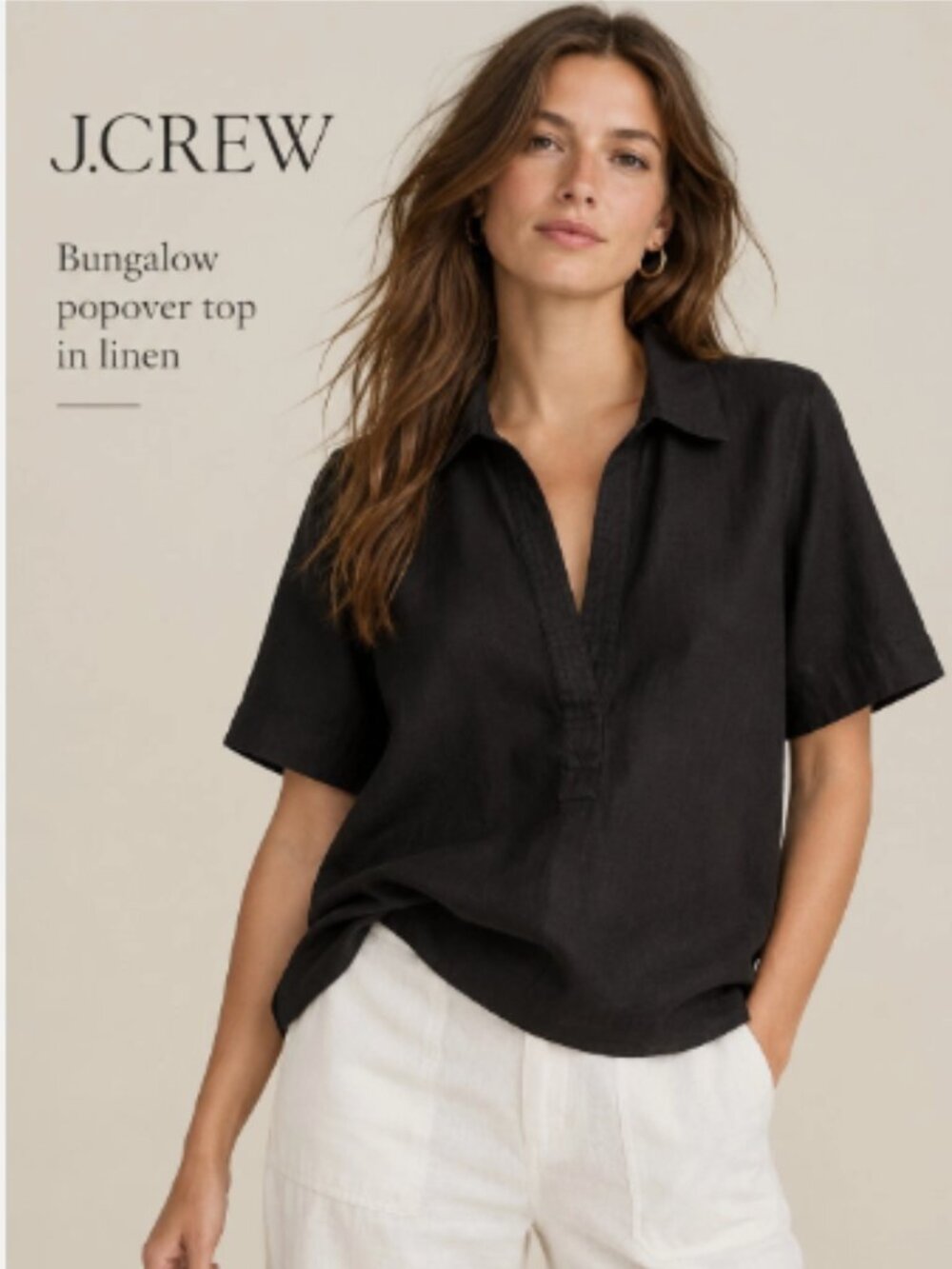 NWOT J. Crew Bungalow Popover 100% Linen Short Sleeve Split Neck Blouse Black S